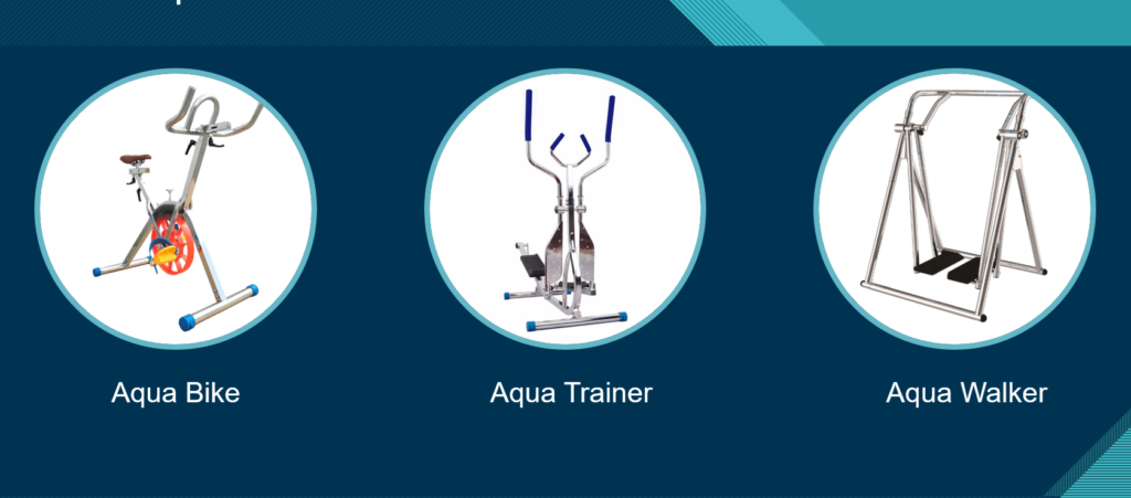 Display of AquaFit equipment at AquaPulse Hoppers Crossing, featuring an Aqua Bike, Aqua Trainer, and Aqua Walker used for water-based fitness exercises.